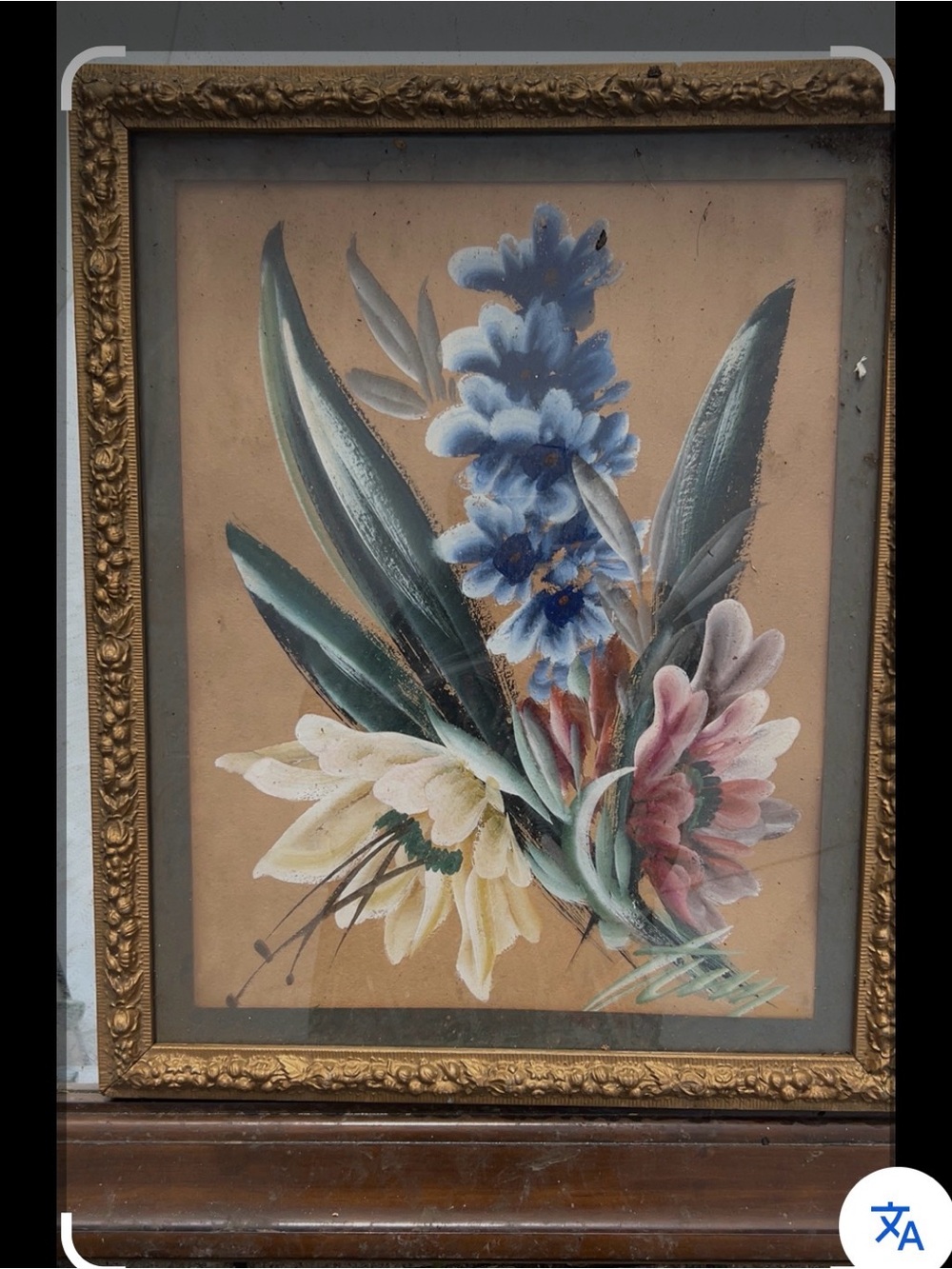 Vintage Framed Floral Painting in Blue, Pink & Cream